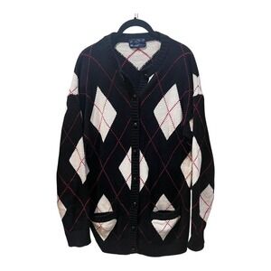 Vintage Kenneth Gordon Black Red Argyle Grandpa Retro 90's Cardigan Cotton Large